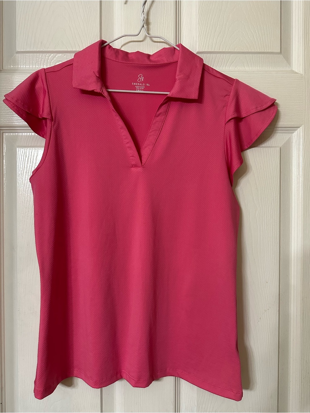 Emerald 18 Hot Pink Flutter-Sleeve Polo Top